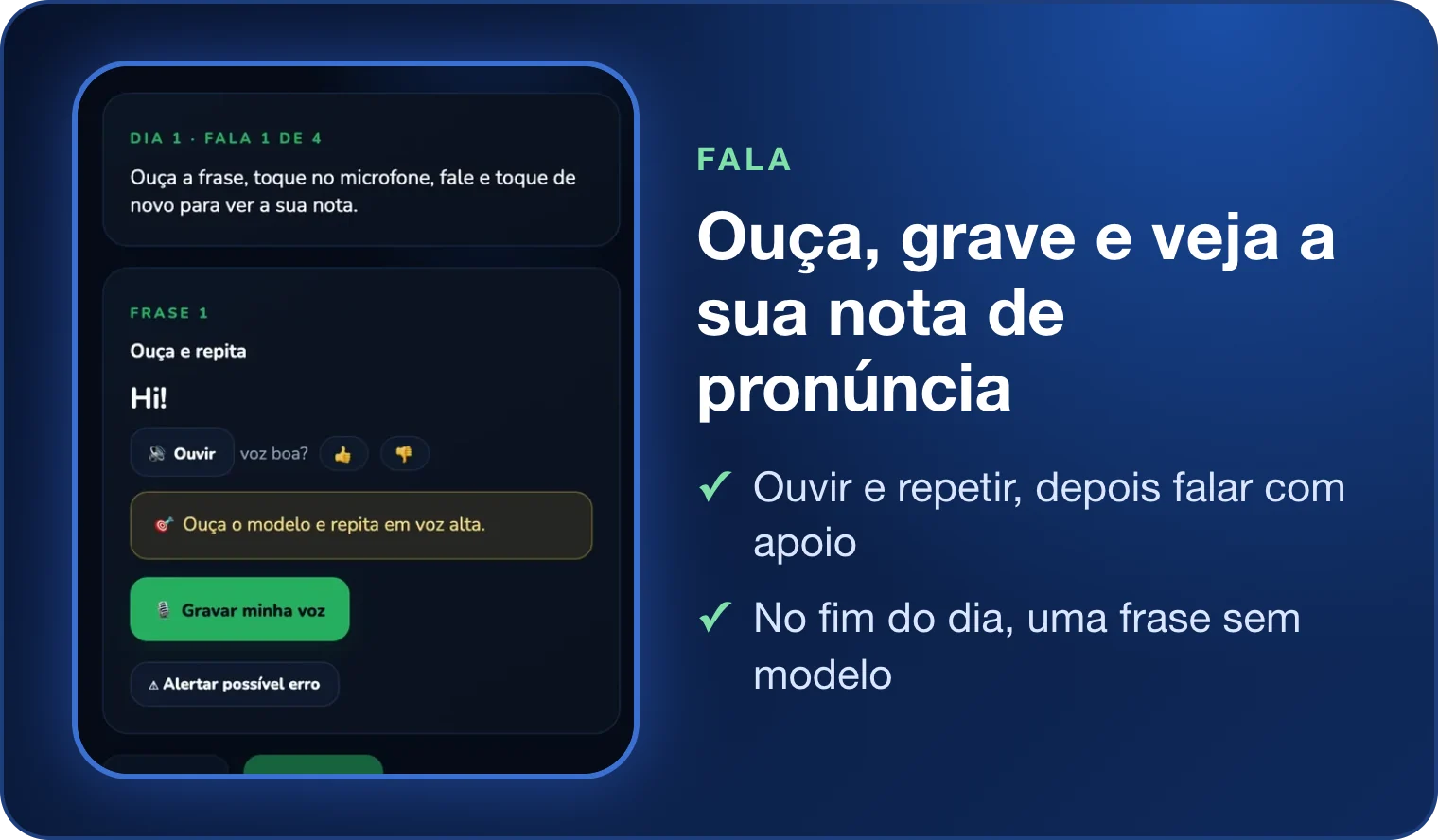Tela de prática de fala do app Kailua com a frase Hi, botão Ouvir e botão Gravar minha voz