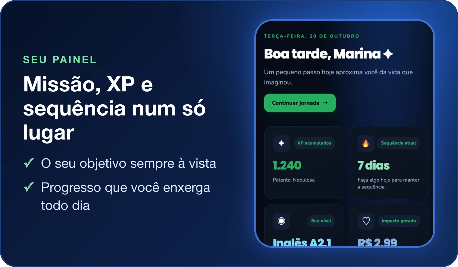 Tela inicial do app Kailua com saudação, XP acumulado, sequência de dias e nível do idioma