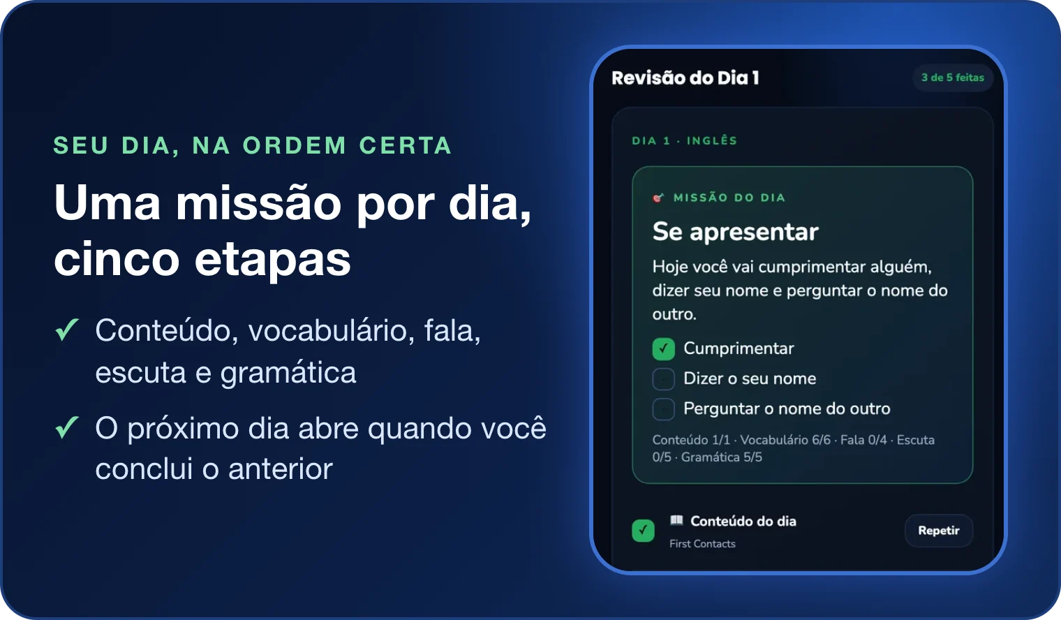 Tela do app Kailua com a missão do dia Se apresentar e as etapas conteúdo, vocabulário, fala, escuta e gramática
