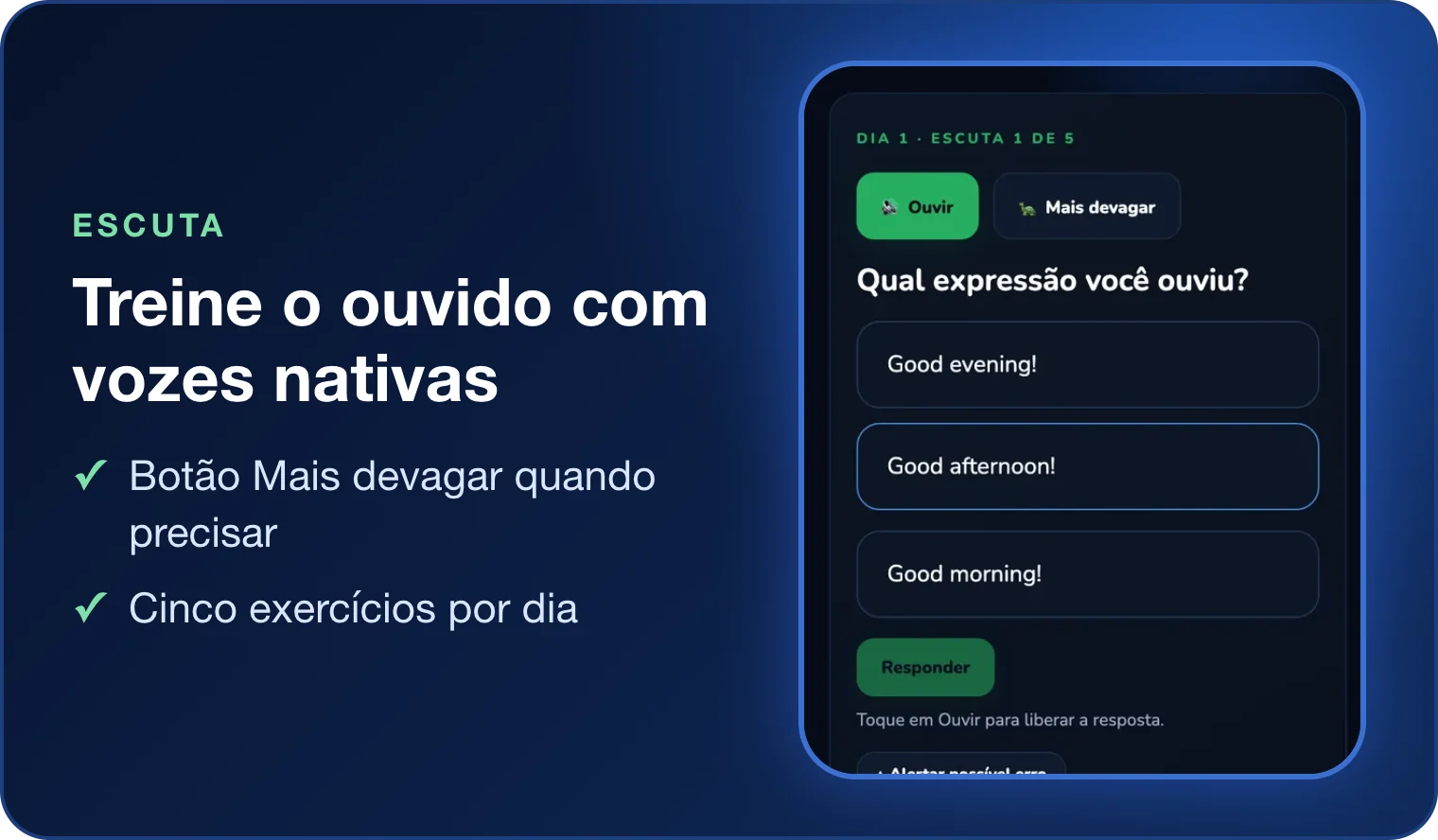 Tela de prática de escuta do app Kailua com pergunta Qual expressão você ouviu e três alternativas